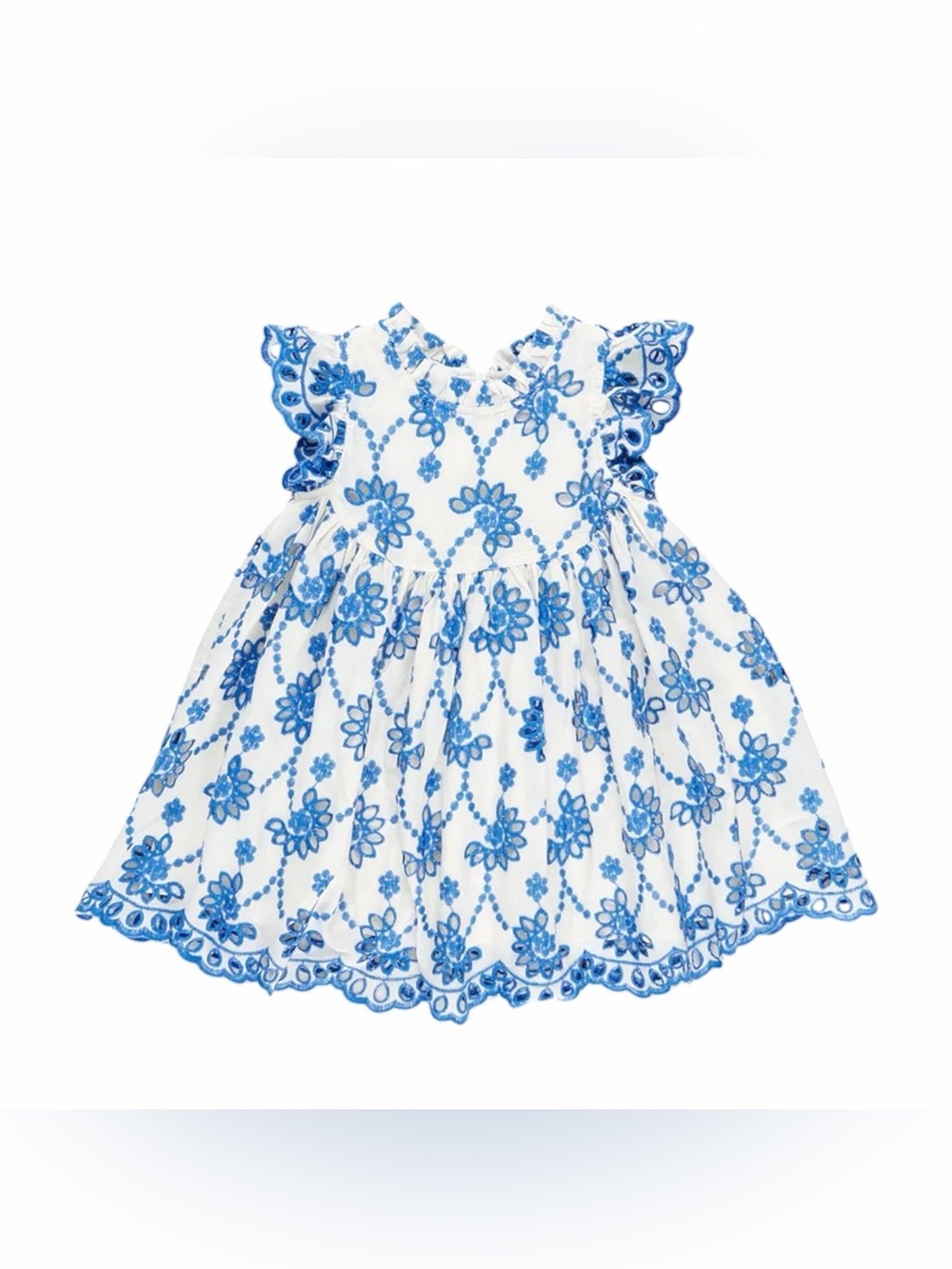 Pink Chicken White Dress with Blue Floral Embroidery